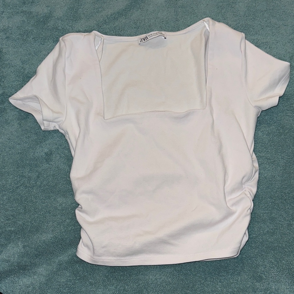 Zara White Short Sleeve Square Neck Tee